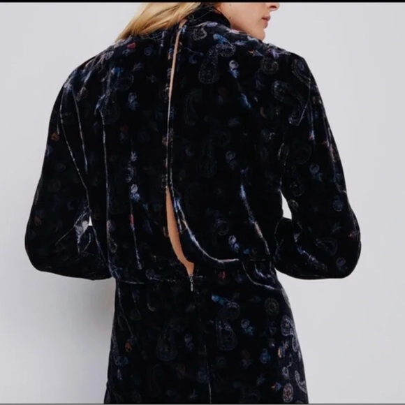 ZARA Velvet Paisley Mini Dress Black Long Sleeve Open Back | Size XL (Fits L) - Picture 2 of 7